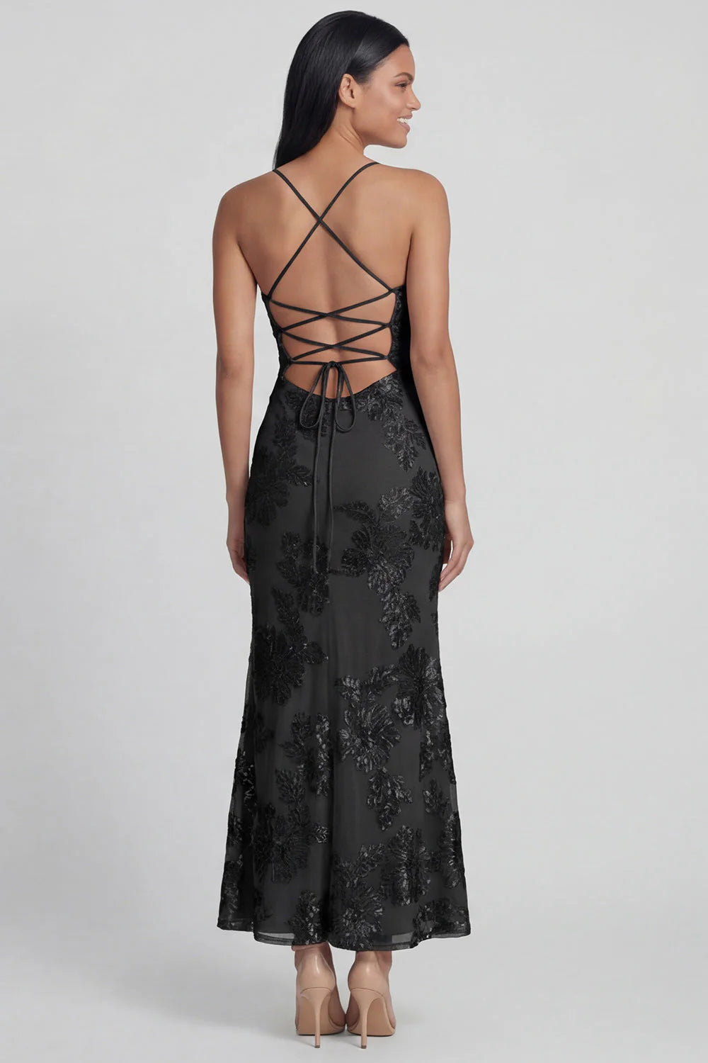 Sage Green Mermaid Floral Wedding Guest Dress with Lace up Back