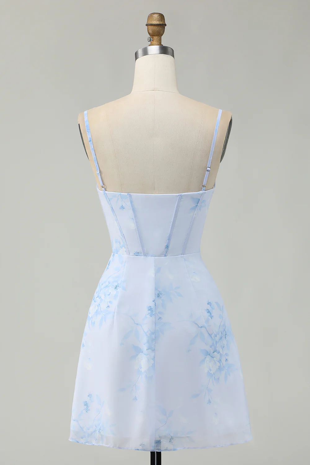 Light Blue Bodycon Ruched Floral Printed Corset Homecoming Dress