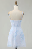 Light Blue Bodycon Ruched Floral Printed Corset Homecoming Dress