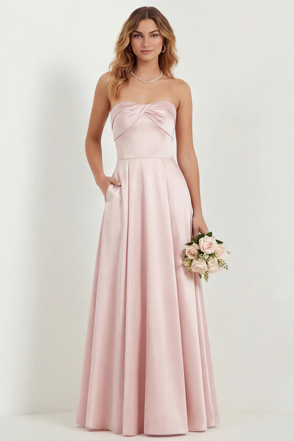 Strapless Blush A Line Satin Long Bridesmaid Dress with Pockets