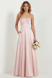 Strapless Blush A Line Satin Long Bridesmaid Dress with Pockets