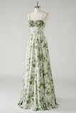 Green A Line Spaghetti Straps Printed Floor Length Bridesmaid Dress with Ruffles