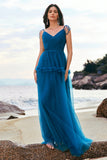 Dark Blue A Line Spaghetti Straps Ruched Long Tulle Bridesmaid Dress