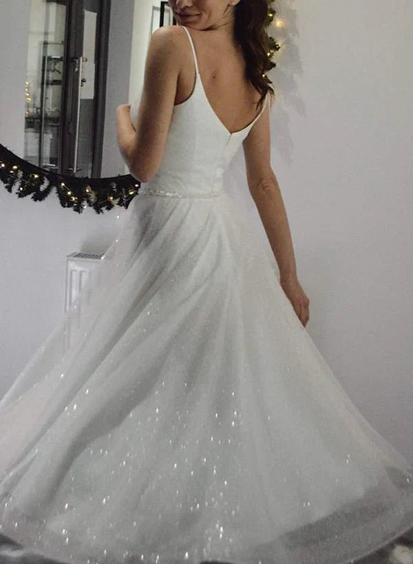 Shiny A Line V Neck Sleeveless Little White Sequined Wedding Dresses