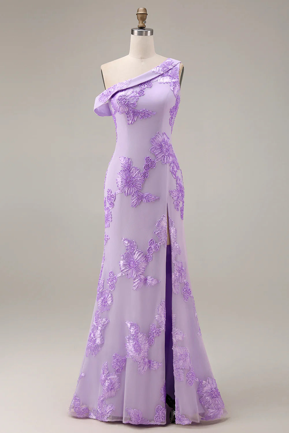 Blue Asymmetrical Neck Mermaid Appliqued Long Prom Dress