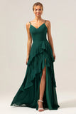 Dark Green A Line V Neck Ruffled Chiffon Tiered Long Bridesmaid Dress with Slit