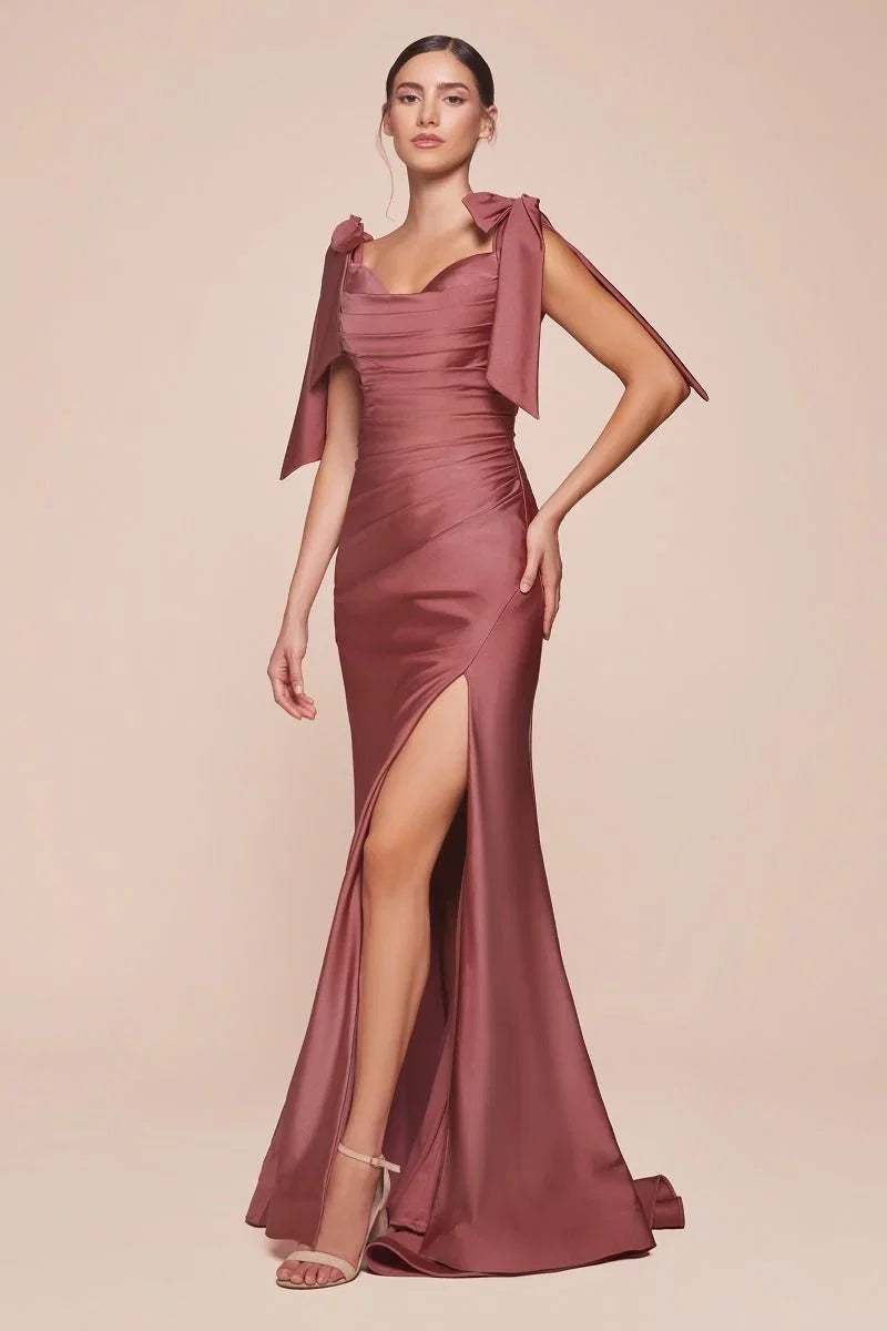 Amber Gown Off Shoulder Stretch Spandex Satin Dress With Ties