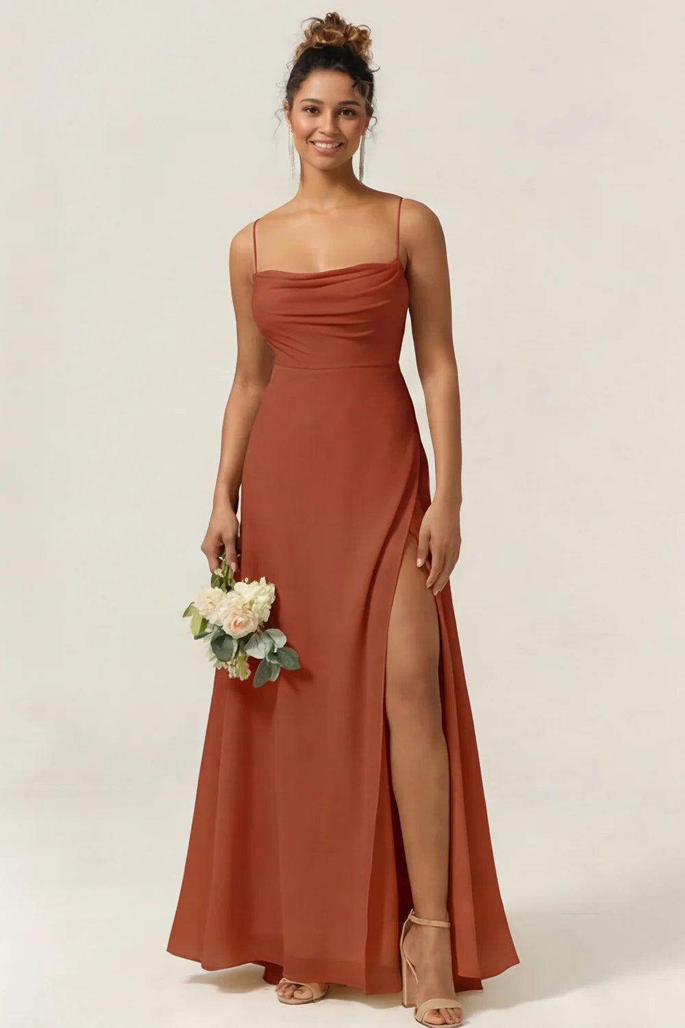 Blue Flower A Line Spaghetti Straps Chiffon Long Bridesmaid Dress with Slit