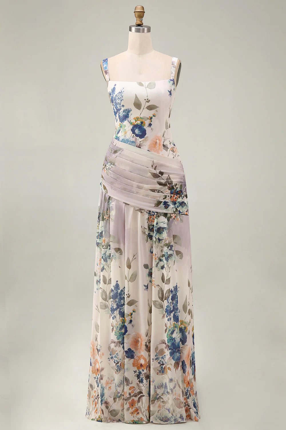 Ivory Ruched A Line Printed Long Formal Dress