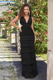 Saylor Pleated Satin Ruffle Maxi Dress Black