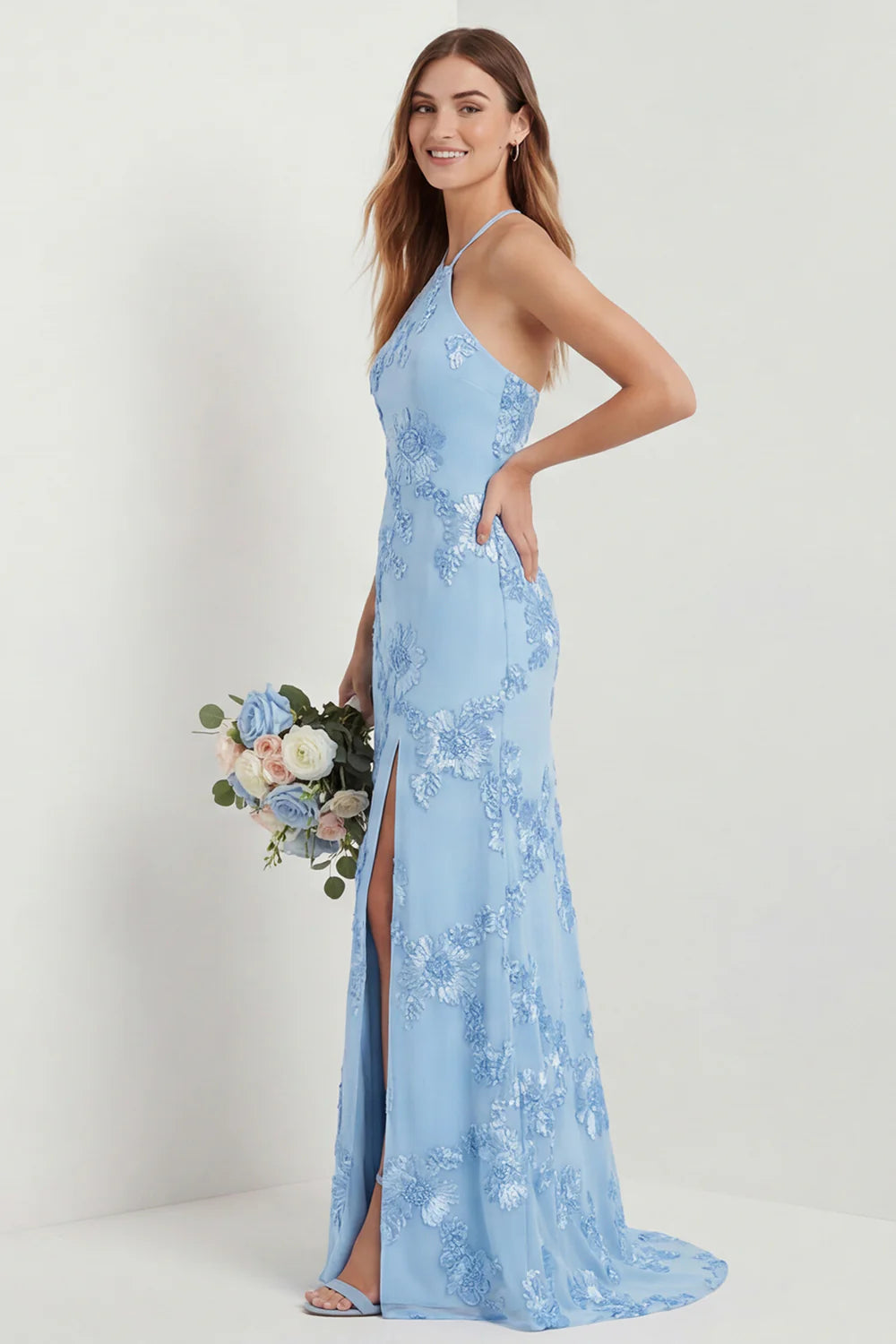 Light Blue Halter Applique Long Bridesmaid Dress with Slit