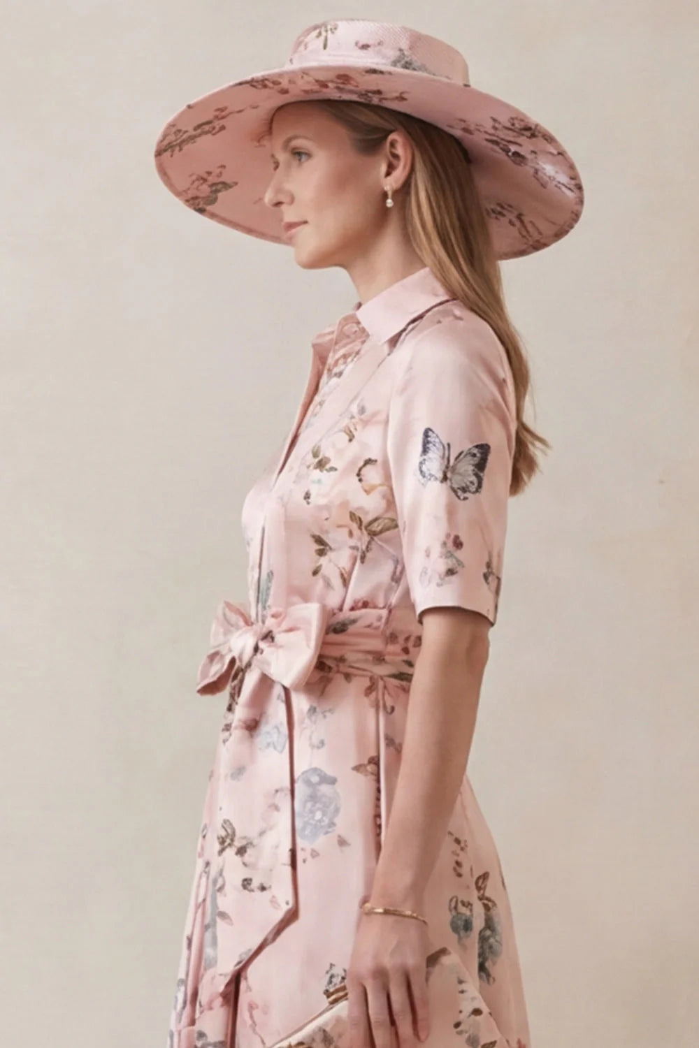 Floral Dusty Rose A Line Short Sleeve High Low Mother of the Bride Dress with Belt