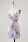 Lilac Spaghetti Straps Short Floral Tight Homecoming Dress