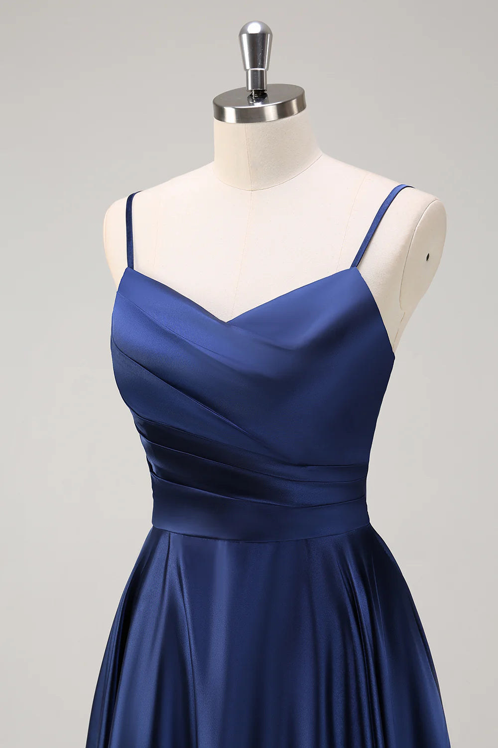 Dark Navy A Line Spaghetti Straps Pleated Midi Dress