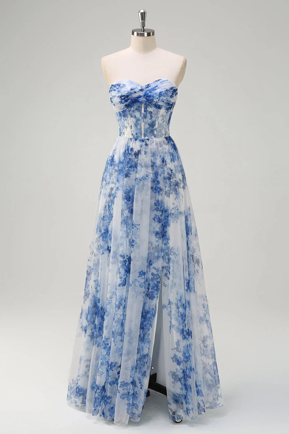 White Blue Flower A Line Off the Shoulder Ruched Corset Maxi Dress with Slit