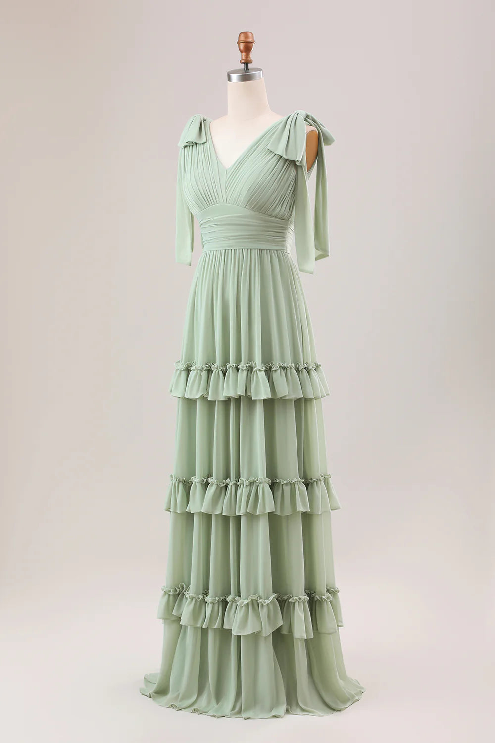 Dusty Sage A Line V Neck Knitted Chiffon Long Bridesmaid Dress With Ruffles