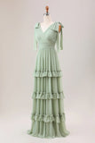 Dusty Sage A Line V Neck Knitted Chiffon Long Bridesmaid Dress With Ruffles