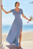 Grey Blue A Line Chiffon Lace Up Back Bridesmaid Dress with Slit