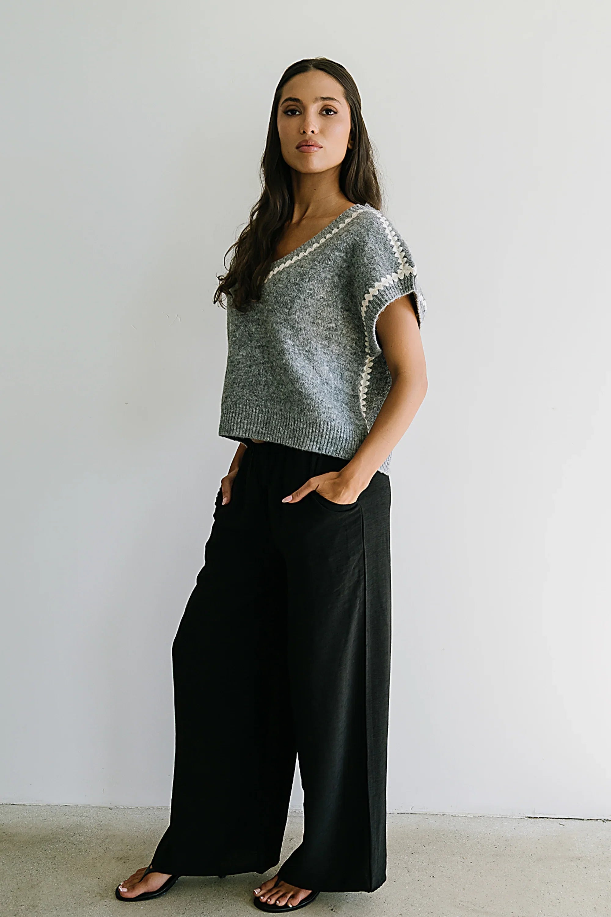 Hazel Embroidered Sweater Top in Grey FINAL SALE
