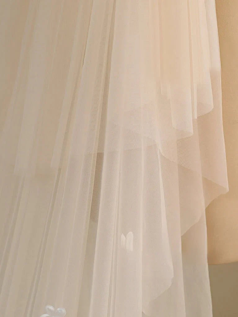 Ombre Champagne Floral Lace Ivory Cathedral Veil with Blusher Bridal Veil Wedding Veil