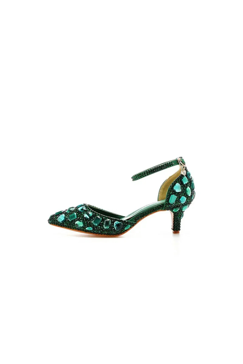 Pointed Toe Crystal Diamond Ankle Strap Kitten Heels