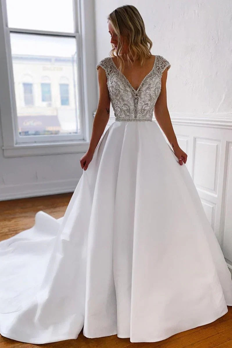 A Line V Neck Long White Wedding Dress with Silver Beads