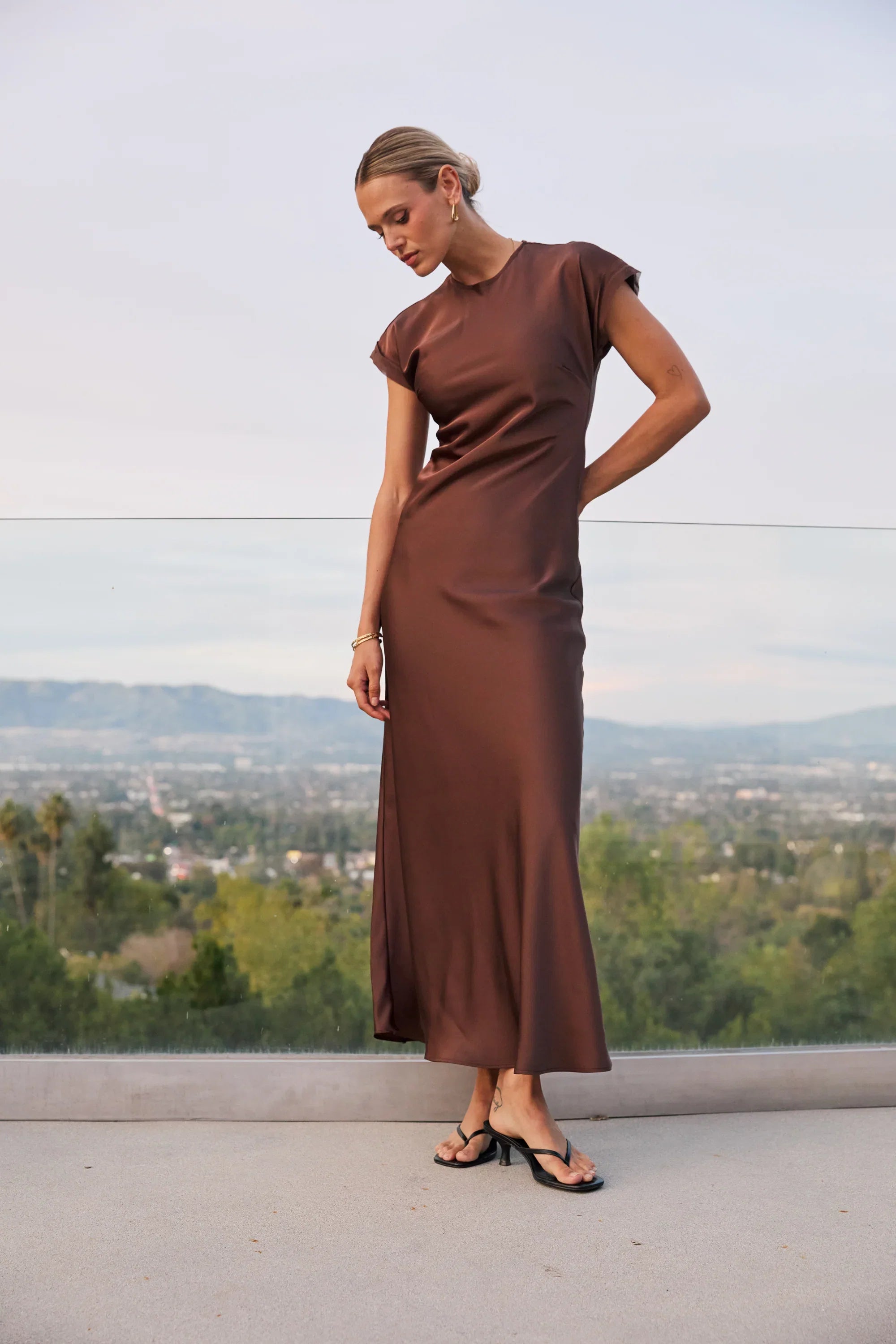Hannah Satin Maxi Dress in Brown