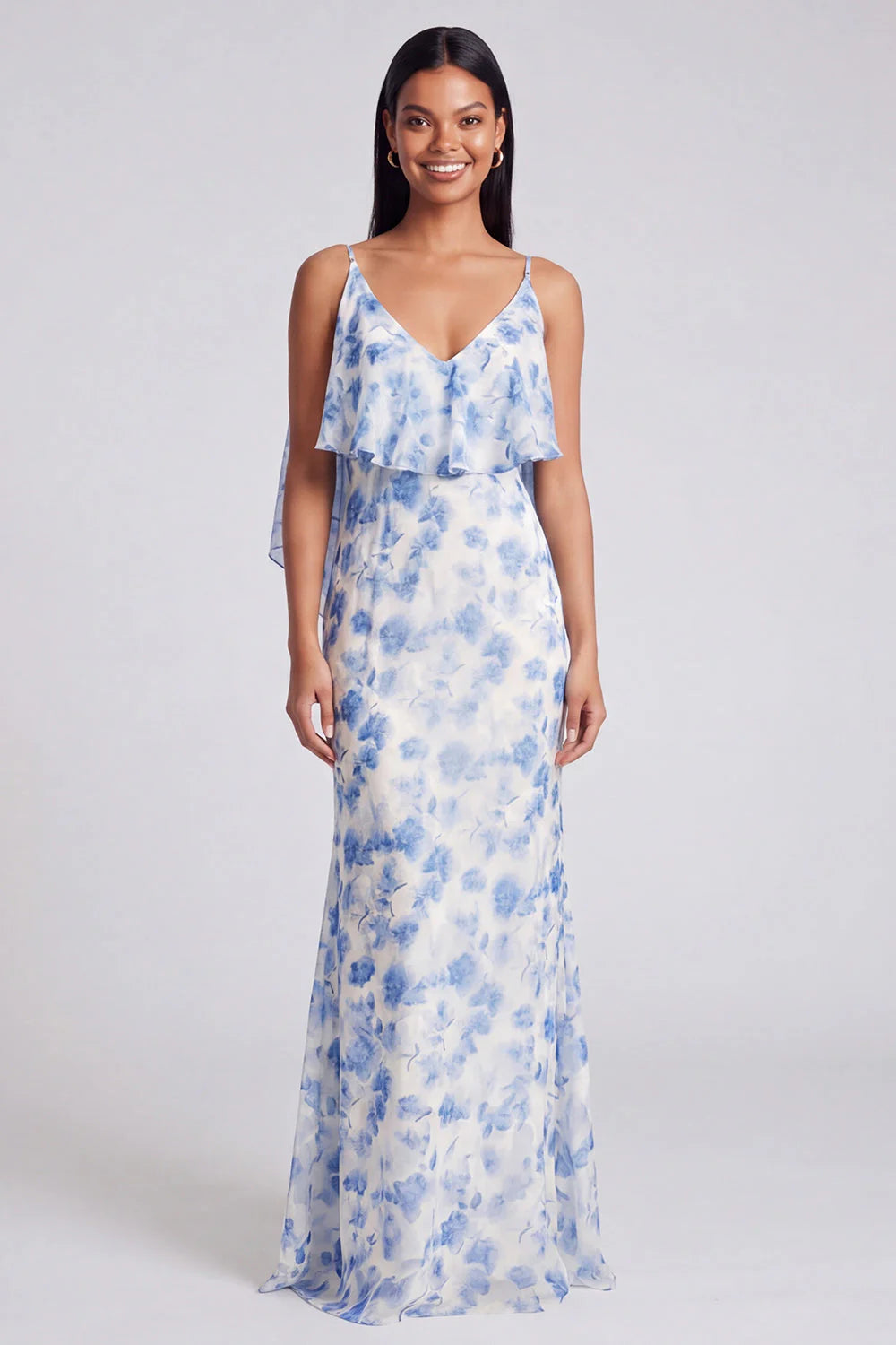 Light Blue Floral Spaghetti Straps Mermaid Maxi Dress