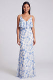 Light Blue Floral Spaghetti Straps Mermaid Maxi Dress