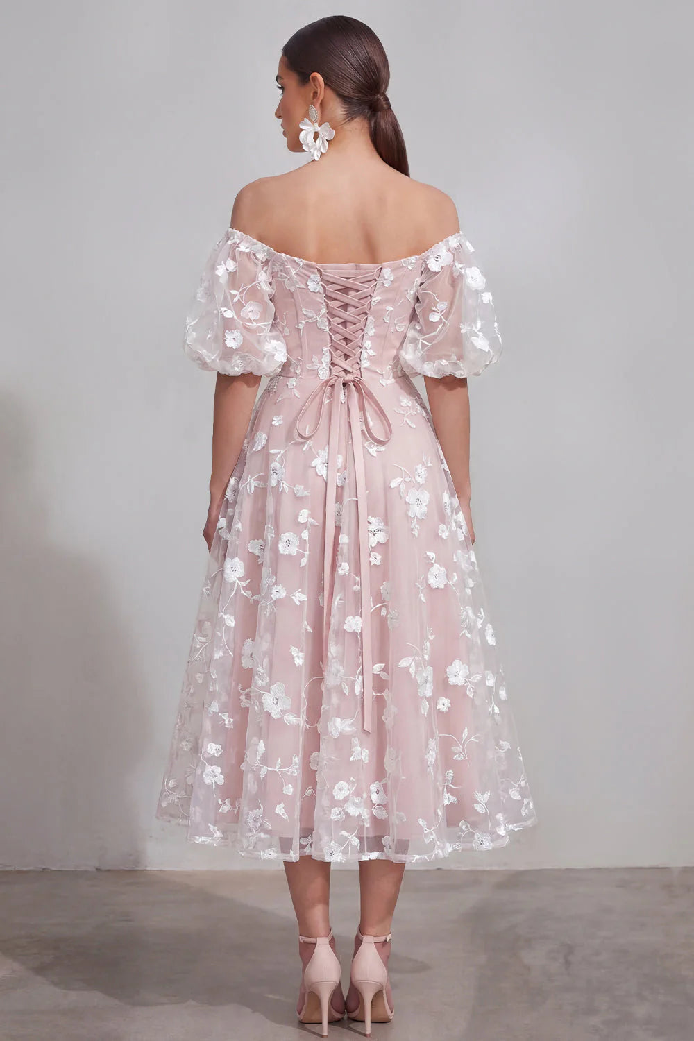 Off the Shoulder Floral Lilac Ruched A Line Wedding Guest Dress