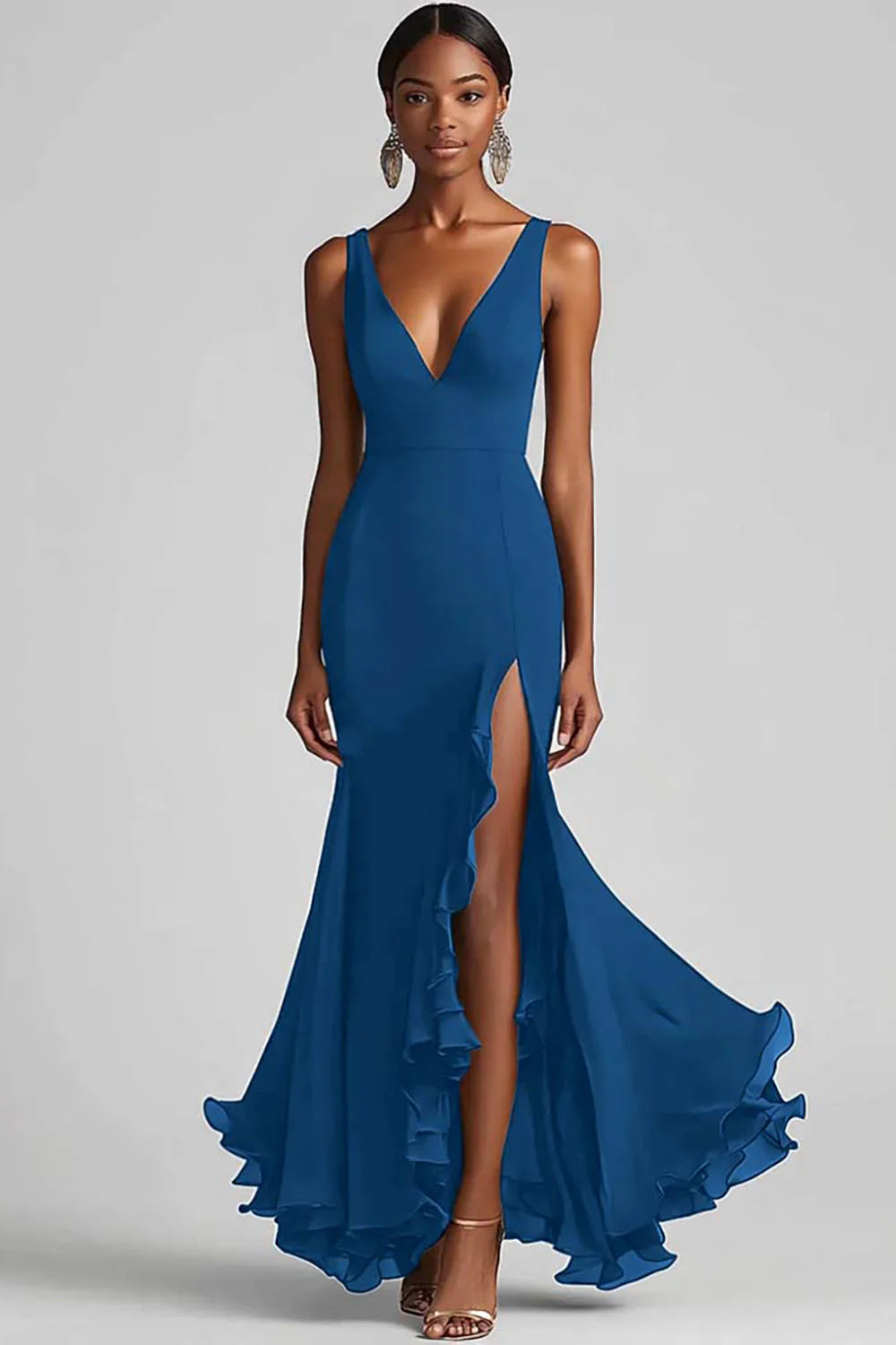 Black V Neck Ruffled Mermaid Formal Dress with Slit