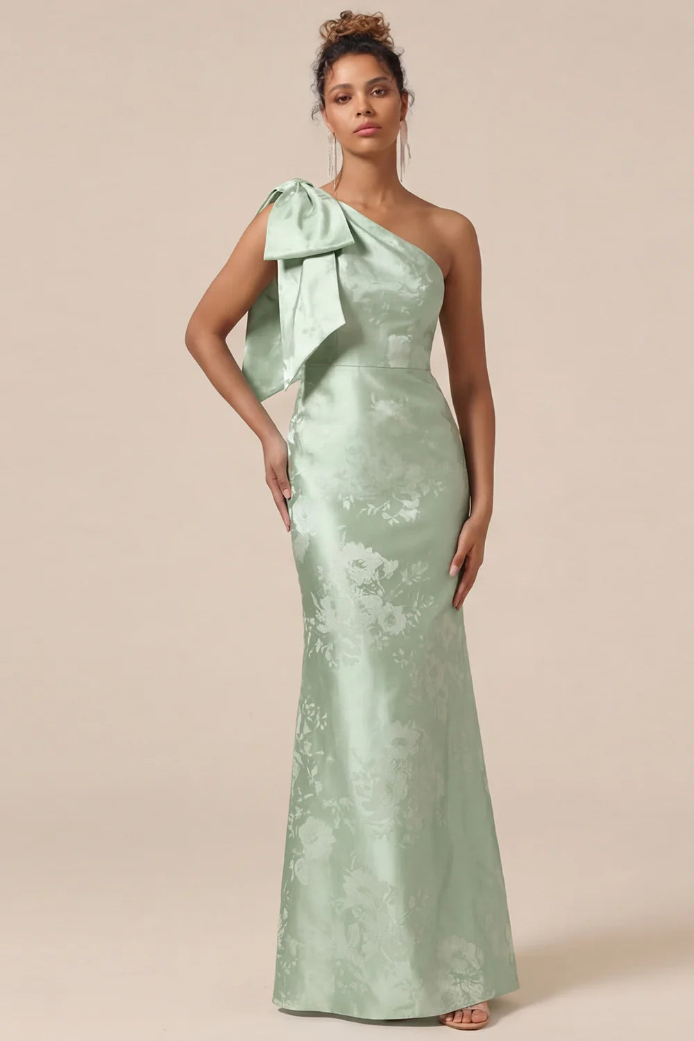 Blush Pink Mermaid One Shoulder Floral Long Bridesmaid Dress with Bow
