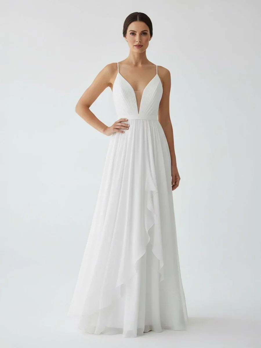 A Line V Neck Straps Spaghetti Sheath Chiffon Wedding Dress