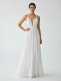 A Line V Neck Straps Spaghetti Sheath Chiffon Wedding Dress