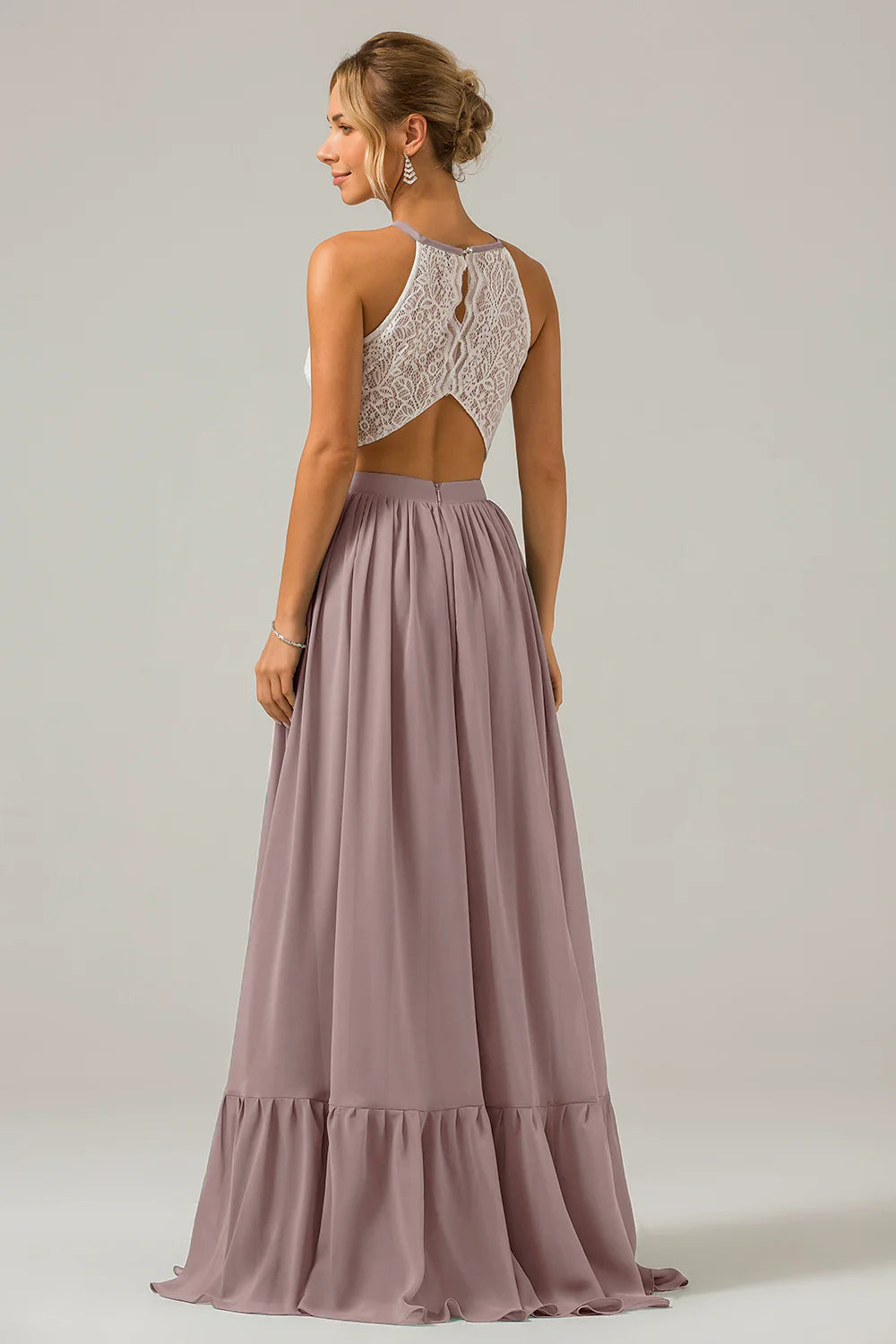 A Line Halter Pleated Keyhole Chiffon Bridesmaid Dress With Lace