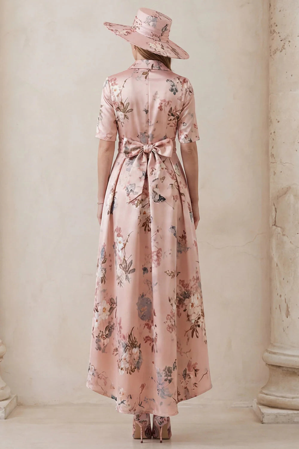 Floral Dusty Rose A Line Short Sleeve High Low Mother of the Bride Dress with Belt