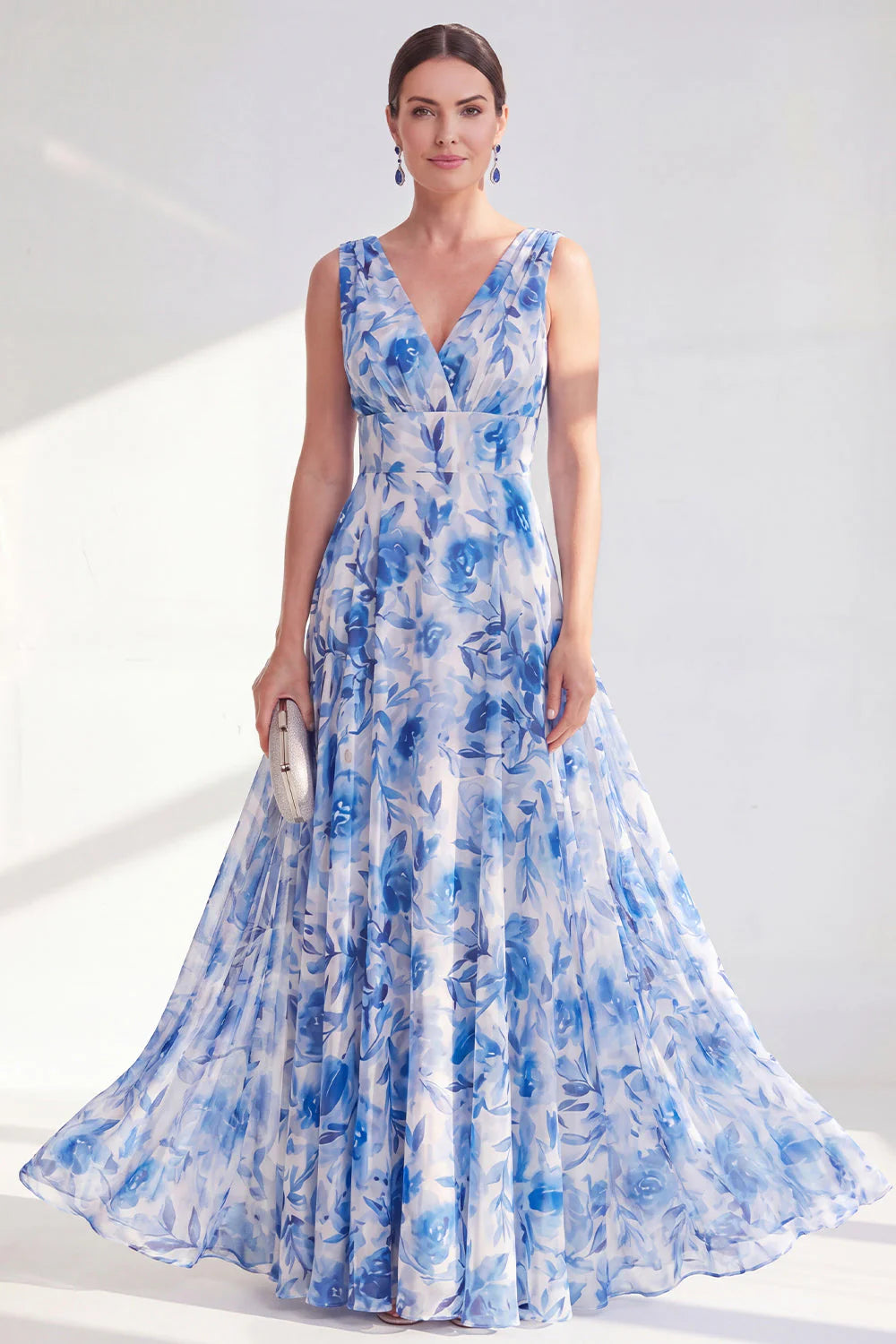 Blue A Line V Neck Floral Mother of the Bride Dress