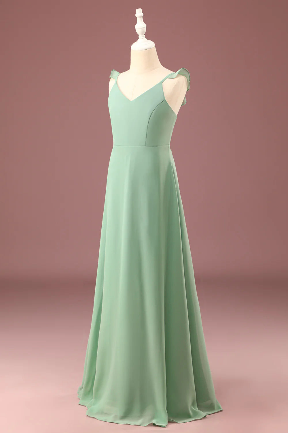 A line Long Chiffon Matcha V neck Spaghetti Straps Junior Bridesmaid Dress
