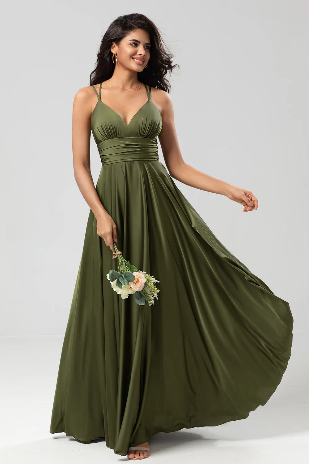 A Line Spaghetti Straps Satin Floor Length Dress