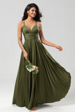 A Line Spaghetti Straps Satin Floor Length Dress
