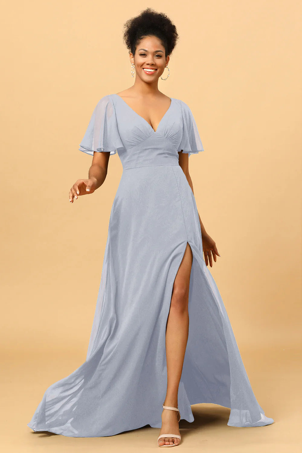 A Line V Neck Long Chiffon Bridesmaid Dress with Slit