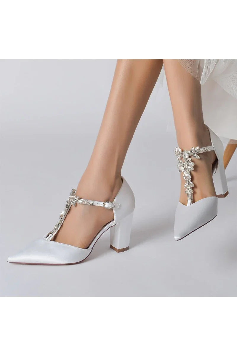 Chic Rhinestone Pointed Toe Ankle Strap Buckle Chunky Heel