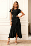 Glitter Black A Line Round Neck Ruffled Holiday Party Dress