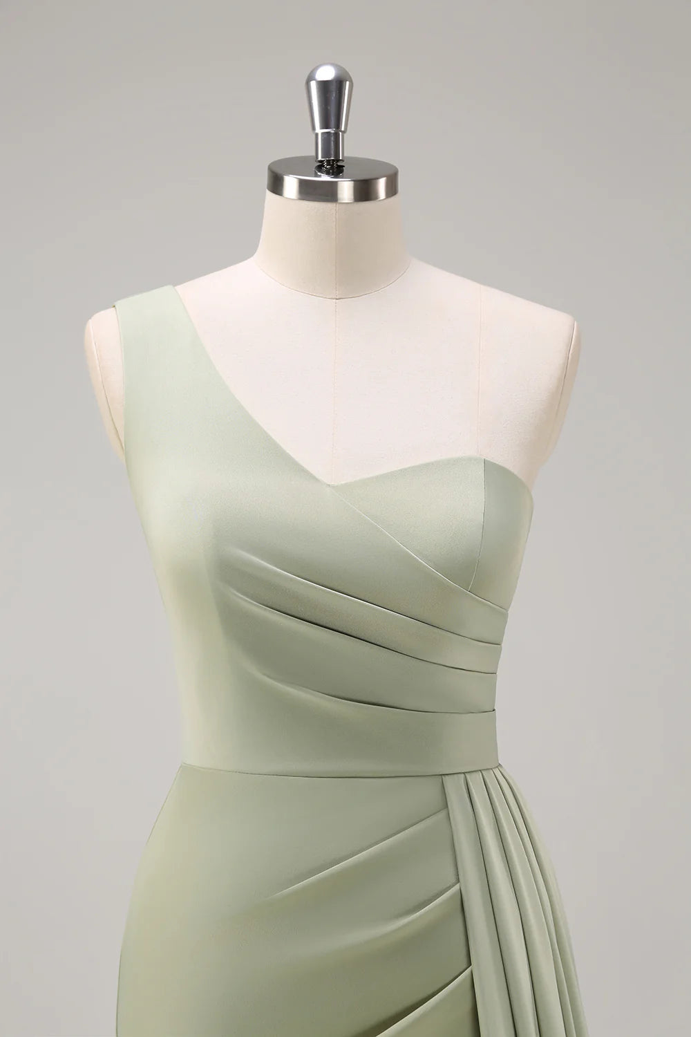 Sage Mermaid One Shoulder Ruched Side Overskirt Long Bridesmaid Dress With Slit