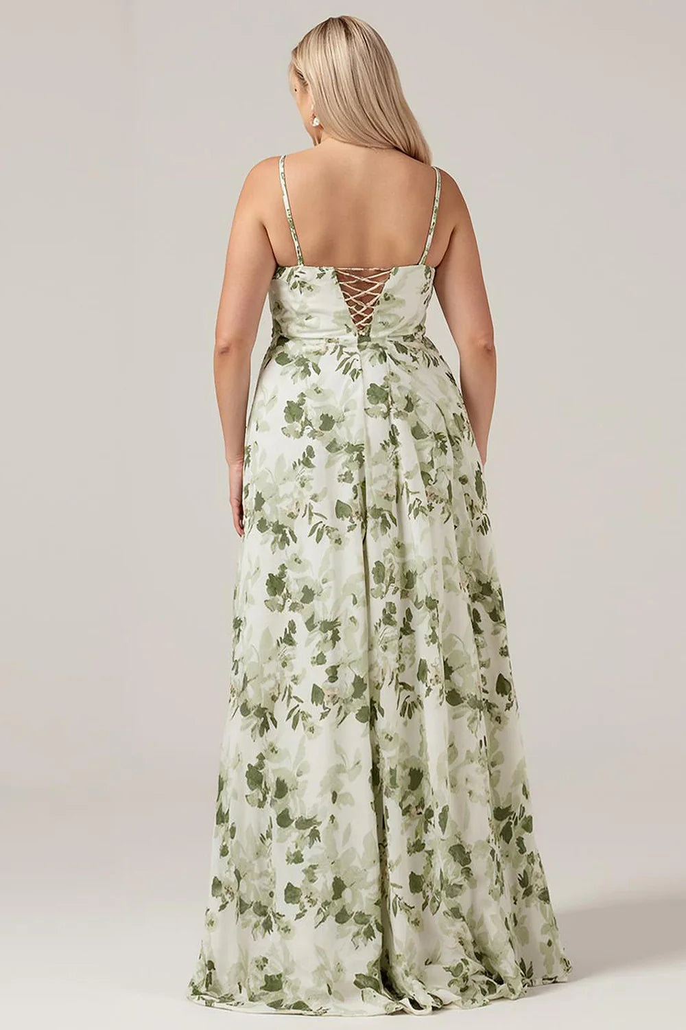 Green Printed A Line Cowl Neck Long Plus Size Bridesmaid Dress With Slit