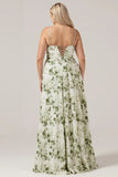 Green Printed A Line Cowl Neck Long Plus Size Bridesmaid Dress With Slit