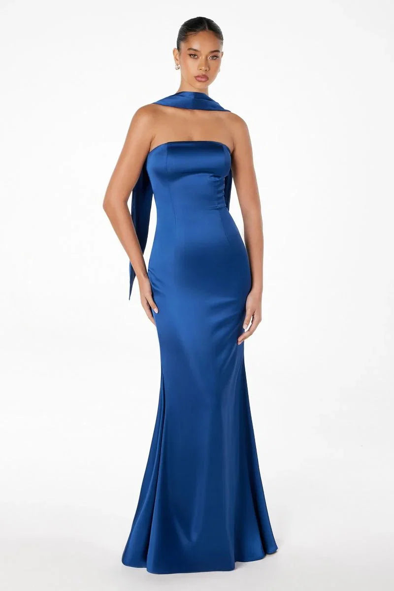 Brynn Maxi Dress Strapless Fitted Satin Dress With Scarf
