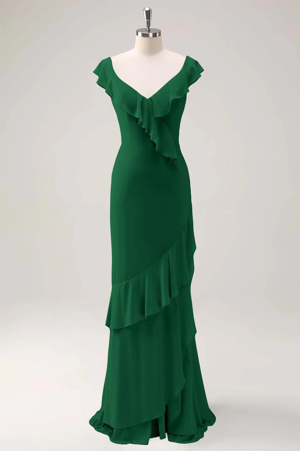 Dusty Sage Sheath V Neck Open Back Chiffon Long Bridesmaid Dress with Ruffles
