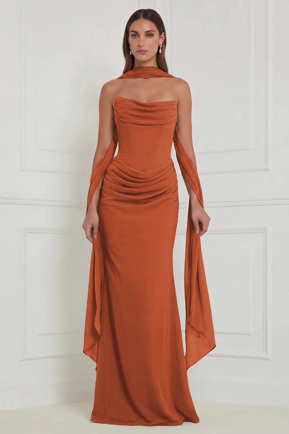 Strapless Ruched Sage Bridesmaid Dress with Scarf