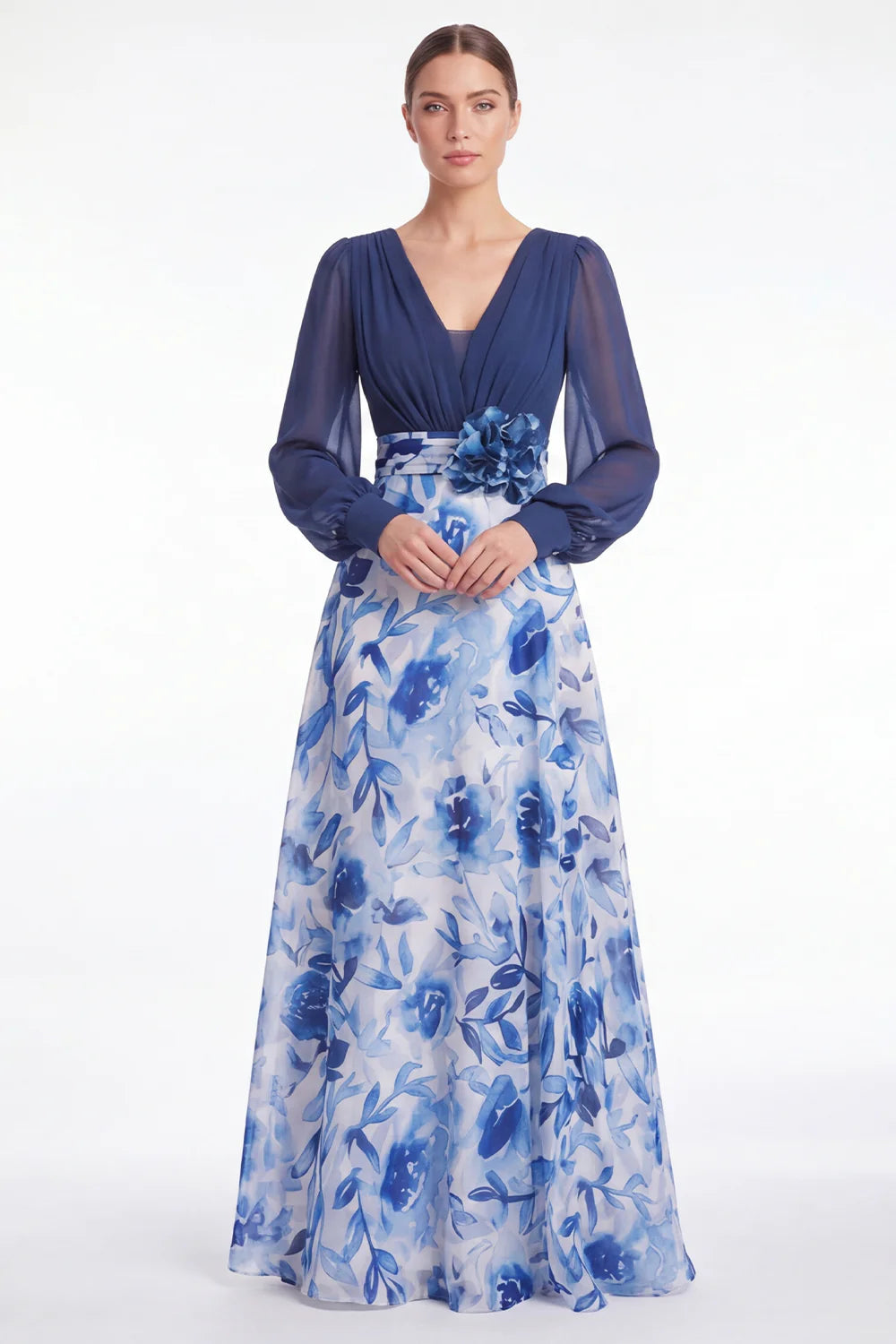 A Line Blue Flower V Neck Mother of the Bride Dress with Long Sleeves